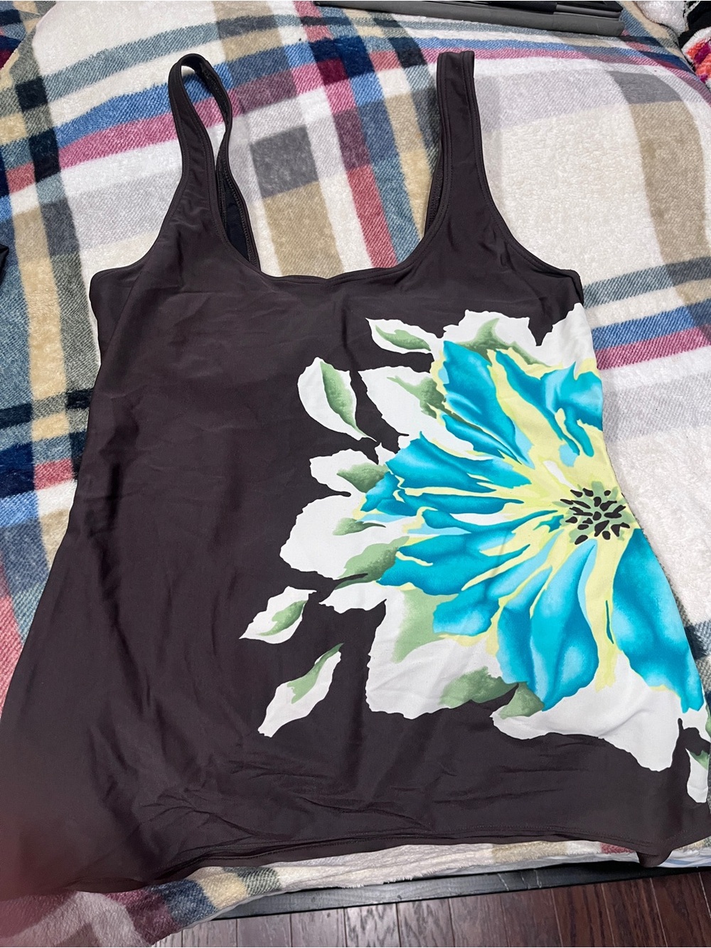 Women’s Brown Floral Tankini Top with Blue Accent